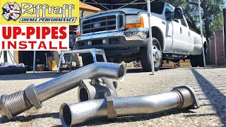 2001 F350 73  RiffRaff UpPipes Install  Stock up pipes leaking and falling apart JUNK SP [upl. by Sekofski985]