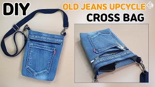 DIY Old jeans Recycle into Crossbody Bag Upcycle craft Old jeans bag ideas sewing tutorial [upl. by Pero]