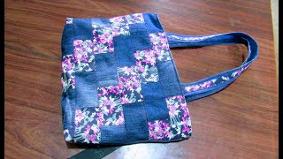 Tutorial Bolso con jeans y tela estampada [upl. by Asylem]