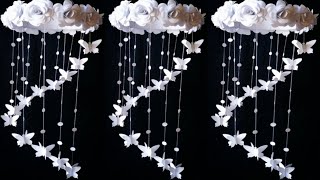 How to make easy paper rose flowers wall hangingWind chime Decoration ideaWhite Paper craftsDIY [upl. by Aniraz]